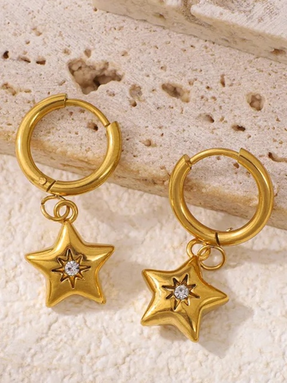 Gold Heart Drop Huggie Earrings with Star Accent - Women Jewelry